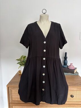 Signature Black Button Front V-Neck Babydoll Mini Dress L